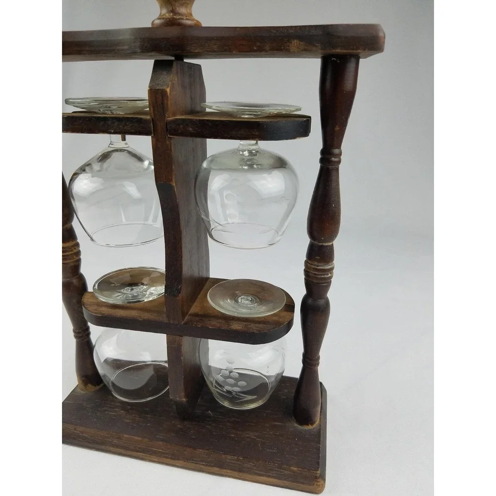 Vtg 4 wine cups wood holder rotating man cave barware mid century oenophilia
